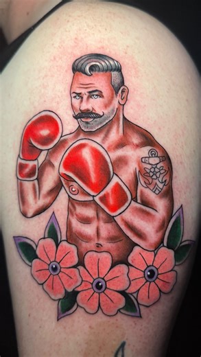 I had such a blast making this boxer daddy tattoo!! This was a custom request and I would loooove to do some more like this. If this gives you any ideas for something you might like, let me know!! As always, thanks for looking 💗 #tattooartist #gentlemantattoo #tattoos #traditionaltattoo #colortattoo #sanfranciscotattoo #sanfranciscotattooartist | JKATZ Art & Tattoos
