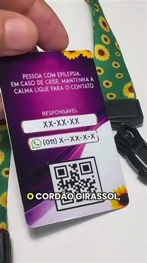 Crachá para Epilepsia com QR Code e Cordão Girassol | Identificação Personalizada