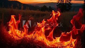 Video animation of close up view of flames, possibly from a fire. The flames are bright orange and yellow, with the background showing a twilight sky with hues of purple and blue