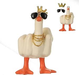 Middle Finger Gift, Middle Finger Duck Statue, for Office Decor Desk Decor Home Decor, Novelty Finger Duck Sculptures with Sunglasses Necklace, Duck You Cool Fun Gag Gift (Beige)