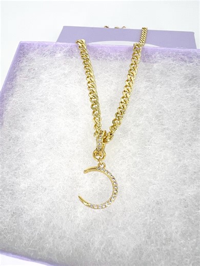 Crescent Charm Necklace, Cuban Curb Chain, Charm Necklace, Minimalist Necklace, Thick Chain, Chunky Chain, - Etsy