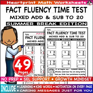 Math factfluency timed tests mixed add & sub to 20 Fact Set - Summer Break Ed.