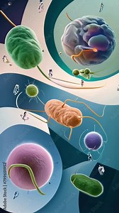 a colorful illustration showcasing a variety of archaea including rod-shaped and spherical cells