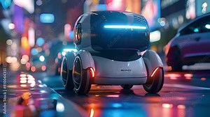 A sleek autonomous robot travels along a city street, illuminated by the glow of neon signs.
