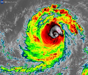 The answer to this week's Super Sleuth is Super Typhoon Mawar. On the night of Thursday, May 25, the U.S. Joint Typhoon Warning Center assessed Mawar’s maximum sustained eyewall winds at 185 mph, with wind gusts that were clocked at 215 mph. The storm passed just north of Guam as a Category 4 on Wednesday, May 24, lashing the island with strong winds, torrential rains, and storm surge. Since 1950, only eight typhoons in the West Pacific basin have attained Category 5 equivalent status during the