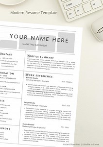 Modèle de CV professionnel moderne : CV modifiable sur Canva (téléchargement instantané au format A4 au format PDF)