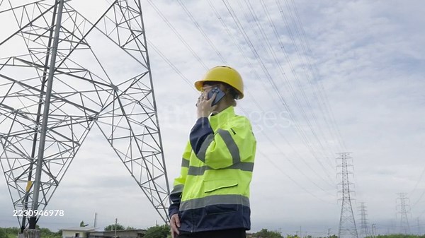 Engineer, phone and blueprints for power line maintenance, repair and...