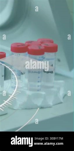 Vertical video: Hand reaching for tubes on lab bench, white spirals highlighting labels during prep. Samples, conical, rack, laboratory, analyzer, overlay, vertical video Stock Video Footage - Alamy