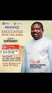 KINDLY MAKE TIME TO JOIN US THIS WEDNESDAY FEBRUARY 19,2025 WE WILL BE DISCUSSING KNOWLEDGE OF SELF (TEMPERAMENT) WITH APOSTLE THOMAS KUSI-APPIAH (THE COUNSELOR GENERAL) 🇺🇸USA 7PM EST 🇬🇭GHANA 12AM GMT Join Zoom Meeting https://us02web.zoom.us/j/88204555651?pwd=Q1lHWndaSjFIbkNJMEFYWnlVQk1IZz09 Meeting ID: 882 0455 5651 Passcode: 2023 | Apostle Thomas Kusi-Appiah