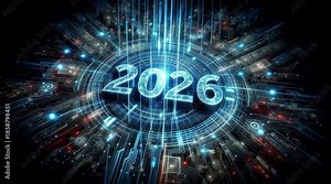 Vision of 2026: An abstract representation of the digital future, the year 2026 takes center stage amidst a futuristic design of interconnected networks and a vibrant technology-driven environment.