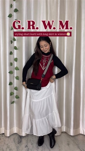 urvashi mehra | content creator on Instagram: "Styling short kurti with long skirt🌸 In winters😶‍🌫️ Everything under ₹300 - ₹500/-✨ Please comment “shop” to get direct links in your inbox❤️"