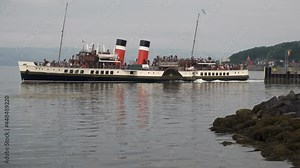 The PS Waverley a paddle steamer sailing in the waters from Largs in Scotland, UK. She was built in 1946 and powered by a triple expansion steam engine.