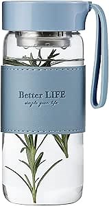 Glass Tea Bottle 16 oz Drinking Bottle with Non-Slip Holster, and Stainless Tea Infuser,Leak Proof Lid,Portable Glass Water Bottle for School, Office, Car & Home,as a gift, etc(Blue)