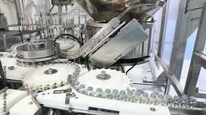 vaccine Injection production factory vials moving filling with liquid medicine process in a pharmaceutical manufacturing company. making medicine manufacturing drugs.