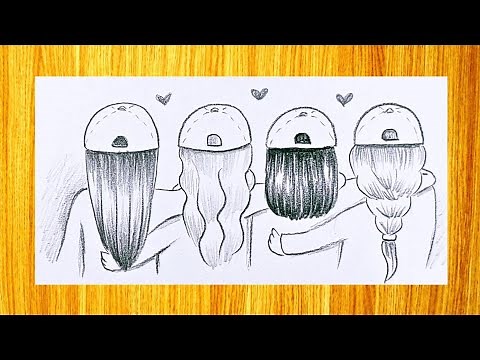 Dibujo muy simple y fácil / Cómo dibujar 4 mejores amigas / Tutoriales de dibujo a lápiz