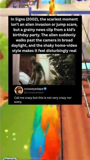 In Signs (2002), the scariest moment isn’t an alien invasion or jump scare, but a grainy news clip