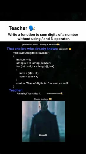 Muhammad Aftab Liaqat on Instagram: "💻 Step-by-Step: Sum of Digits in C++ 1️⃣ Input a number: The function takes an integer (e.g., 1234). 2️⃣ Convert to string: We turn the number into a string using to_string(), so each digit can be accessed individually. 3️⃣ Loop through each digit: Using a for loop, we check every character in the string one by one. 4️⃣ Convert char to int: Each character '0'..'9' is converted to its actual number by subtracting '0'. Example: '5' - '0' = 5 ✅ 5️⃣ Add to sum: