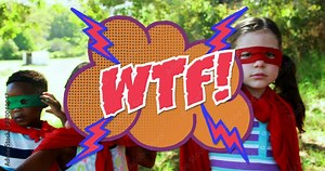 Wtf text on speech bubble against group of kids in superhero punching in the air