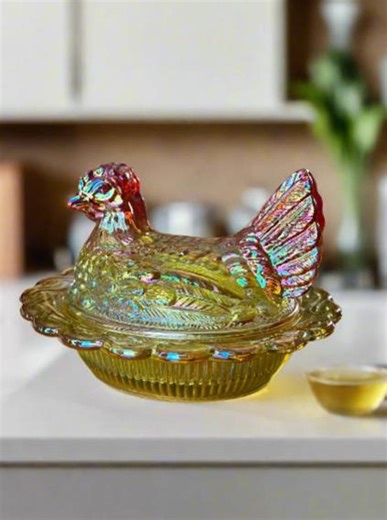 Hen on Nest Covered Dish 6" Marigold Amberina Carnival Glass - Etsy