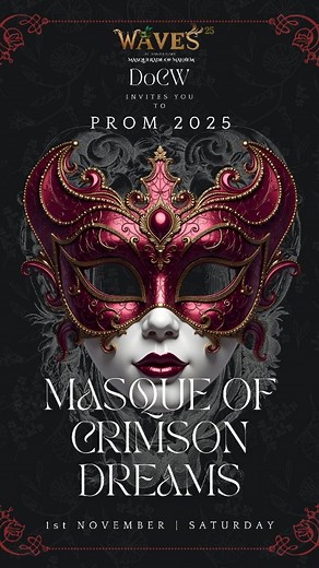 Waves BITS Goa on Instagram: "🎭 Presenting: Prom 25 - Masque of Crimson Dreams 🎭 A waltz of mystery, in crimson and gold, Where secrets shimmer and stories unfold. Step behind the mask, where fantasy gleams, And lose yourself in Crimson Dreams. ✨ The wait is over! 💫 Registration for Prom 2025 is open. Spots are limited, it’s first come, first served. ✨ Early registrants unlock exclusive benefits. Register now through the link in our bio. 🌹 #prom #masquerade #bitsgoa #waves #bits #college #co