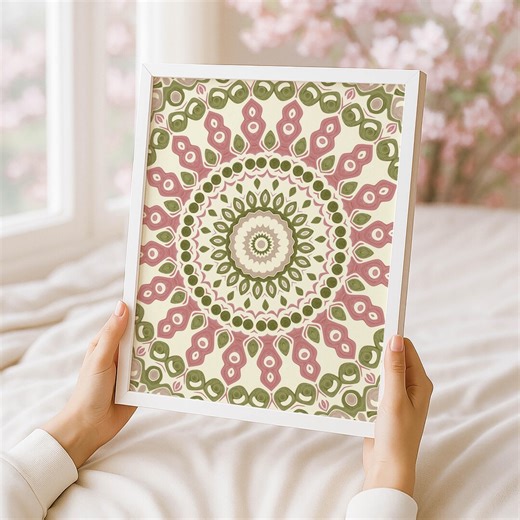 Soft Green and Rose Pattern Wall Art, Floral Inspired Circular Design - Etsy