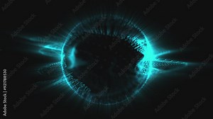 Abstract looped dynamic blue energetic sphere with magically glowing particles and waves that surround it on a black background, video in 4K