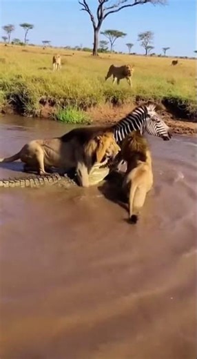 Lions vs Crocodile 😱 Zebra Caught in Deadly River Attack #shorts #lion #wildlife