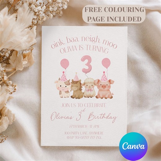 Farm 3rd Birthday Invitation Girl, Pink Barnyard Animal Party Invite, Editable Canva Template