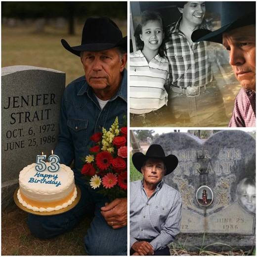Happy Birthday Jenifer Strait 🌹 (1972–2025) 💔🎂 Heartbreaking but beautiful… A viral video shows George Strait quietly bringing a birthday cake to his late daughter Jenifer’s grave — whispering, “Happy Birthday, sweetheart.” 🌹 The King of Country stands there alone, tears in his eyes, as he hums a soft tune he once wrote for her. No cameras, no crowd — just a father and his love that never faded. Fans around the world can’t stop crying after watching this emotional moment😢💔 👉 Watch Video: 