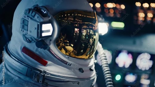 Astronaut in white space suit with reflective visor sits inside spacecraft cockpit, illuminated control panels and equipment visible in the background