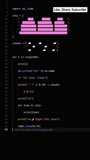 57/100—Python Code [Night City Skyline Animation] #codequest.#coding #python #cursor #ytshorts