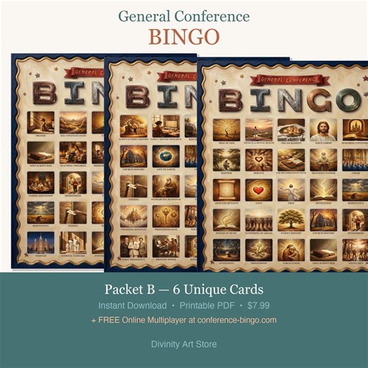Packet B: General Conference Bingo Cards Printable PDF. 6 Unique Cards. LDS Family Activity - Etsy