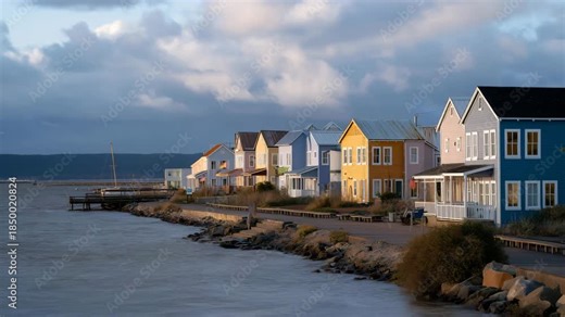 A waterfront redevelopment meeting where planners study flood-risk maps, sea-level rise projections, and resilient coastal designs — climate adaptation planning, resilient architecture, and