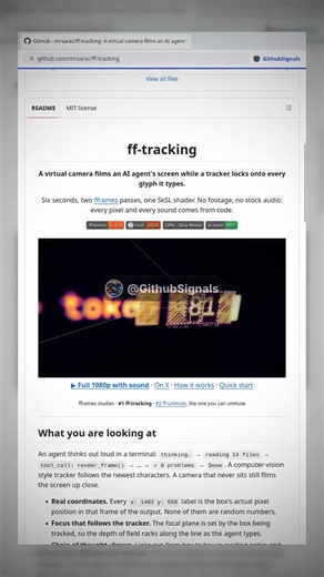 ff-tracking: The Code-Rendered Camera ff-tracking is the procedural video generator that renders a cinematic camera shot entirely from code, not footage. It films an AI agent typing in a terminal, using a virtual lens to track each glyph with realistic depth of field and color shifts. The coolest part is that every sound, from the keyboard clicks to the screen hum, is synthesized in real-time to match the visual action perfectly. This means you can change the text or camera angle, and the entire