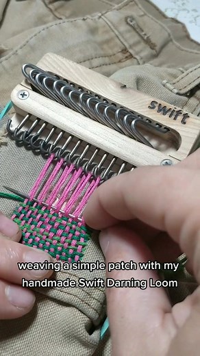 Visible Mending Watermelon-Colored Patch with Handmade Swift Darning Loom