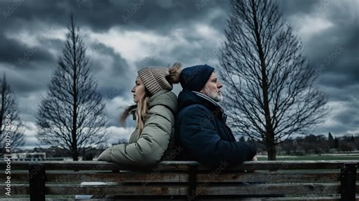 Two friends back to back, sitting on a bench outdoors with trees in the background