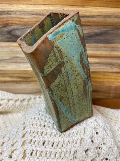 Artisan Pottery Vase Curved Rustic Green Bronze Hand Built. 10/8 - Etsy