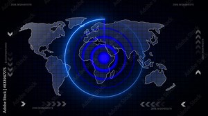 Global navigation concept . Animation of scope scanning over world map with data processing with technology background.