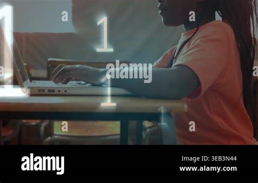 Animation of binary code over african american girl using computer. Network, connections, school, education and learning with technology concept digitally generated video Stock Video Footage - Alamy
