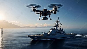 Battleship drone flying above the vessel, capturing real-time surveillance data