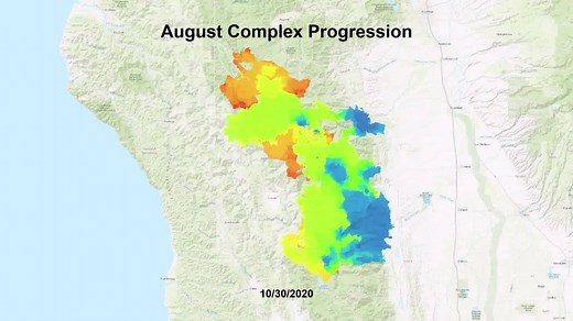 The #AugustComplex began on August 16 and 17 as many small fires caused by lightning. Due to very dry conditions and several high-wind events, the fires grew together into the complex. This animated map shows the progression of the fire from the beginning to now. Stop the video to see the fire footprint on any specific day. #ShastaTrinityNF #SixRiversNF #MendocinoNF (Video has no sound) | U.S. Forest Service - Shasta-Trinity National Forest