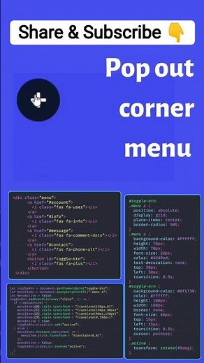 ✨ Pop out corner menu #css #js #javascript #html #popout #effects #webdevelopment #animation #tips