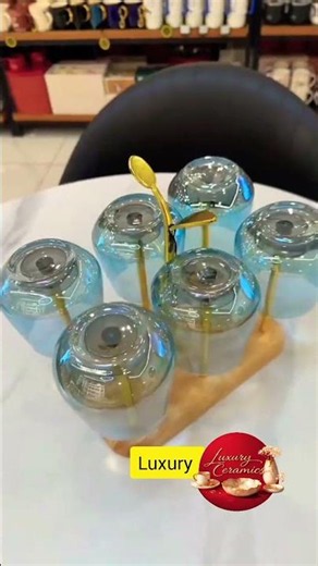 Aesthetic glass set with wooden stand #luxuryceramics #kitchenware #aesthetic