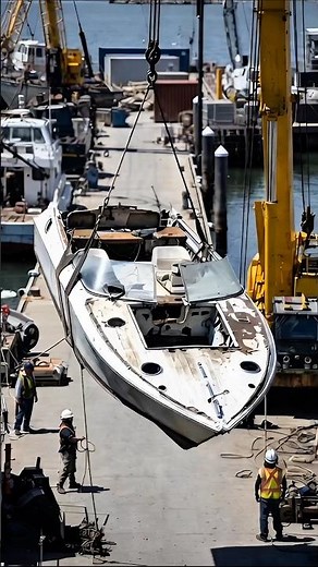 VIRAL! Speed Boat Drops During Crane Lift at Marina 😱 #fail #construction #shorts