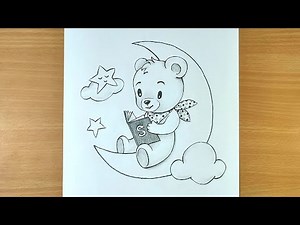 How to draw a Cute Teddy bear sitting and reading in moon ‪@SureshArtsFam‬