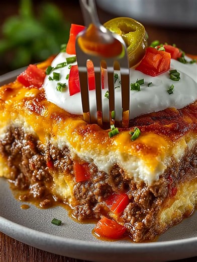 John Wayne Casserole Bake Ingredients → Dough Base 480 ml Bisquick baking mix 360 ml water, divided → Filling 900 g ground beef 28 g taco seasoning 160 g onion, diced 1 bell pepper, thinly sliced ..... Fυll ᖇecίpe in Coʍmеոτ 💬 | Homemade Recipes