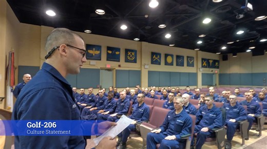 Golf 206 recites the company culture statement in preparation for graduation. One more wake-up! #CultureStartsHere #TCCM #BootCamp | U.S. Coast Guard Training Center Cape May