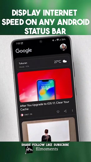 Do you want to know your internet speed all the time, without having to open a separate app? In this video, we show you how to display your internet speed on the Android status bar in 2023. This is a quick and easy way to monitor your internet connection and stay informed about your data usage. 🚩Be updated with our Latest Upload! Subscribe: https://bit.ly/2YmCj9D __________________________________________________________________ #filmoments #facebooktutorials #internetspeedandroid #displayinter