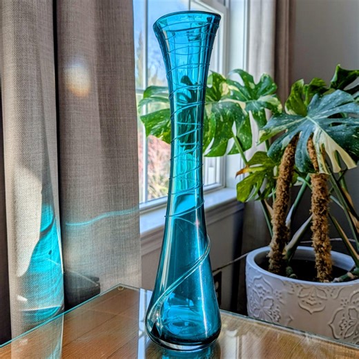 Large Art Glass Vase Peacock Blue Applied Swirl Flower Bud Display Vintage Boho Decor - Etsy