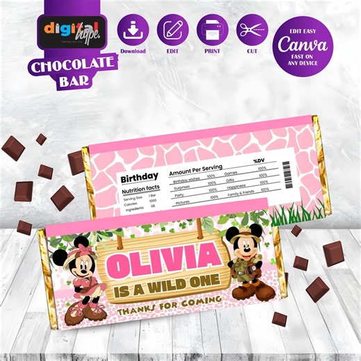 Minnie Safari Chocolate Labels Mickey Mouse Anime Theme Birthday Favors Printable Daisy Duck Gift Oh Twodles Party Decor Goofy Keepsake MK07 - Etsy
